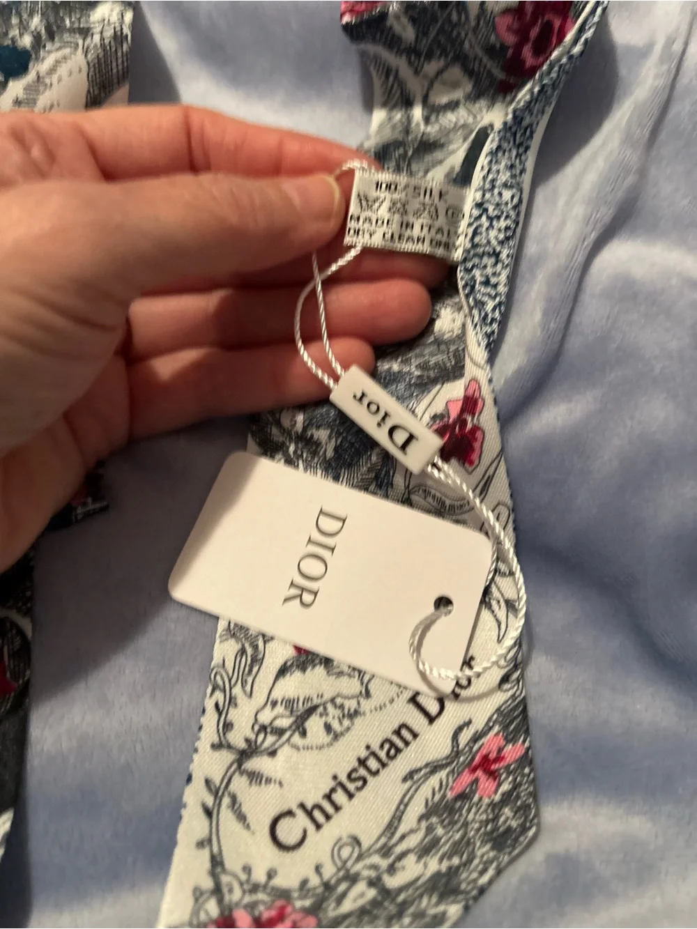 CD  Floral Print Silk Twilly Scarf - White with Pink & Blue Accents